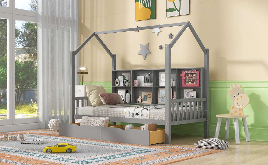 Wooden Twin Size House Bed with 2 Drawers and Storage Shelf J278764