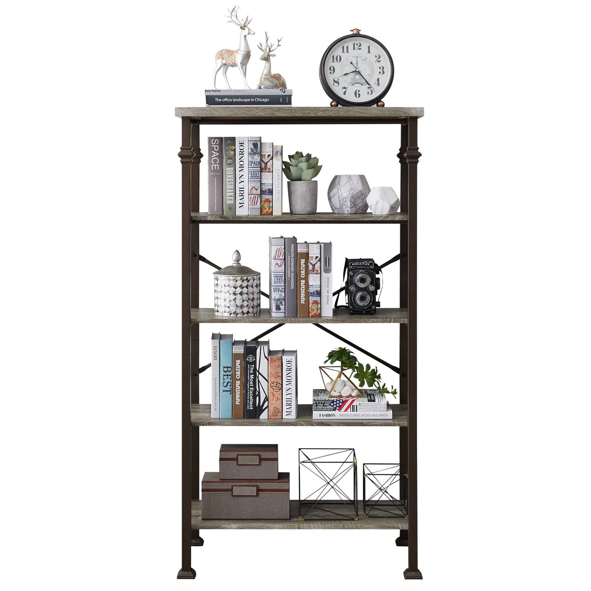 5-Tier Grey Oak Metal Bookshelf F350