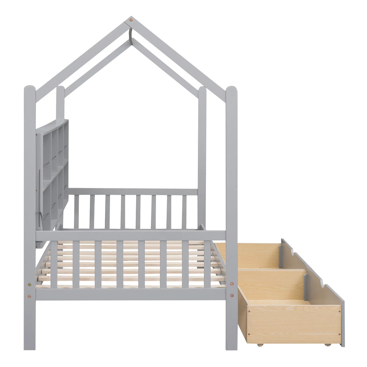 Wooden Twin Size House Bed with 2 Drawers and Storage Shelf J278764