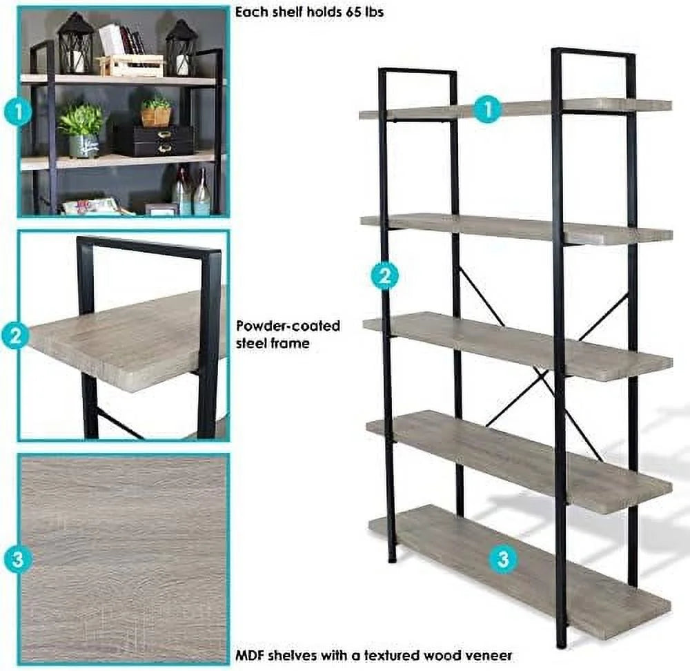 5-Tier Industrial Style Bookshelf with Open Shelves I198