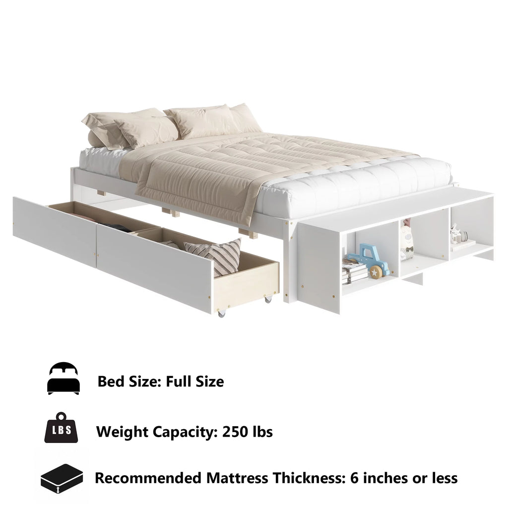 White Full Size Platform Bed with Storage Shelves and Drawer I95274