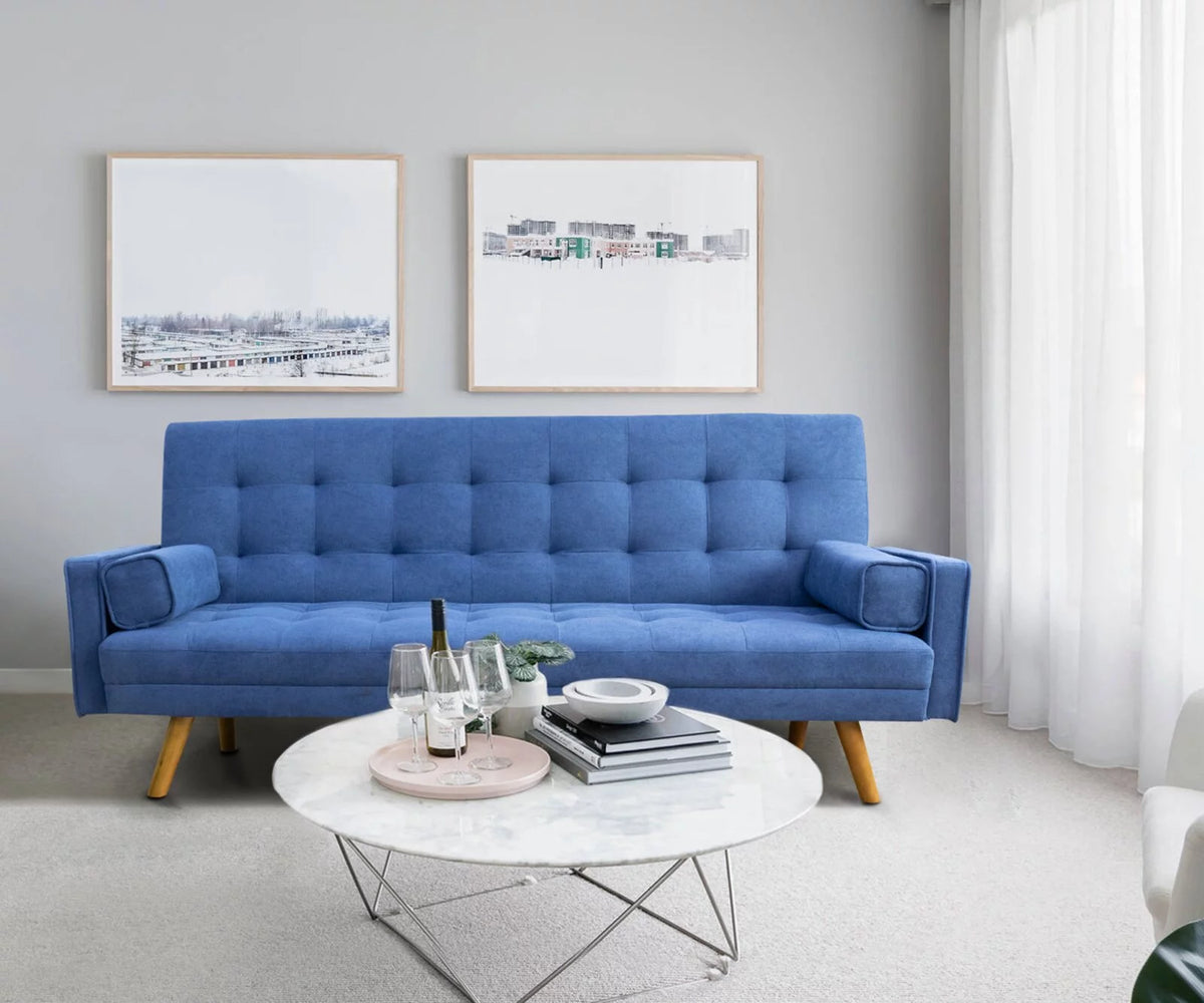 Blue Linen Fabric Futon Sofa Bed with Pillows H381534
