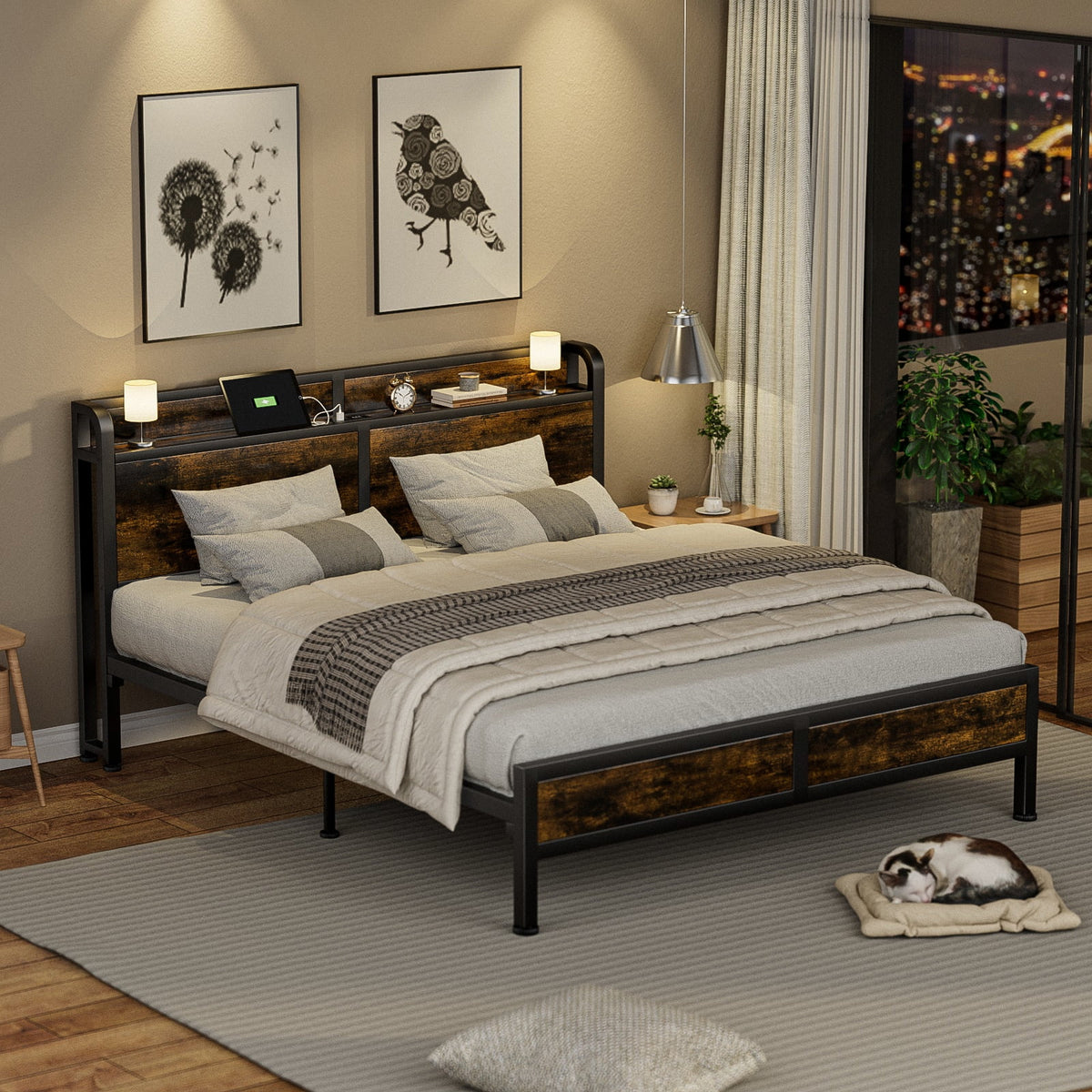 Queen Size Metal Platform Bed Frame with Storage Headboard J2372