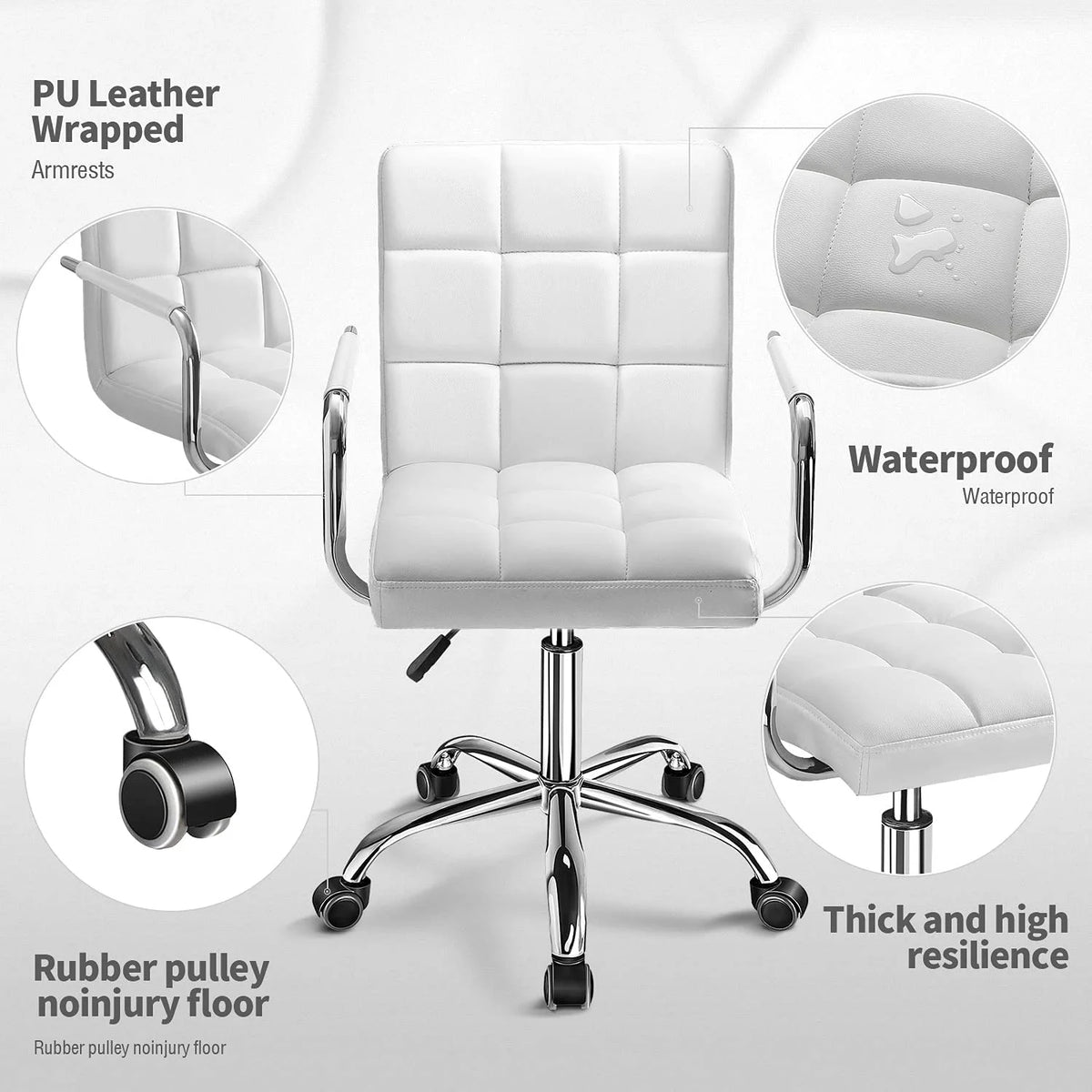 White PU Leather Adjustable Height Office Chair with Armrests G3719