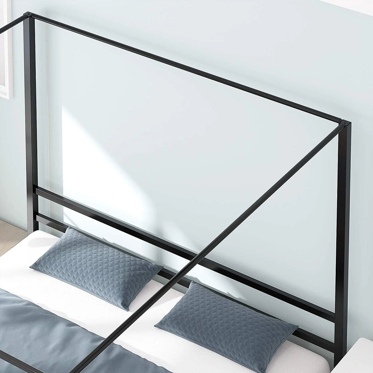Queen Size Black Metal Canopy Bed Frame with Headboard W1371