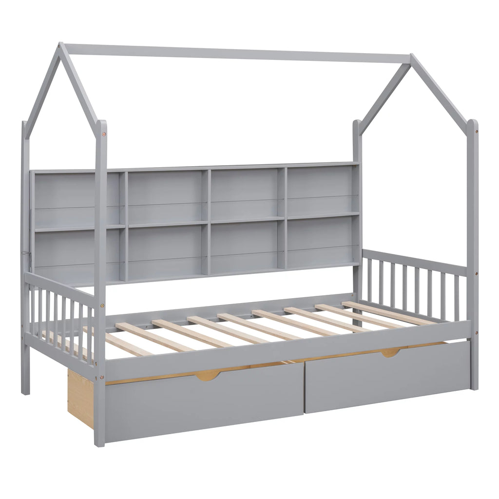 Wooden Twin Size House Bed with 2 Drawers and Storage Shelf J278764