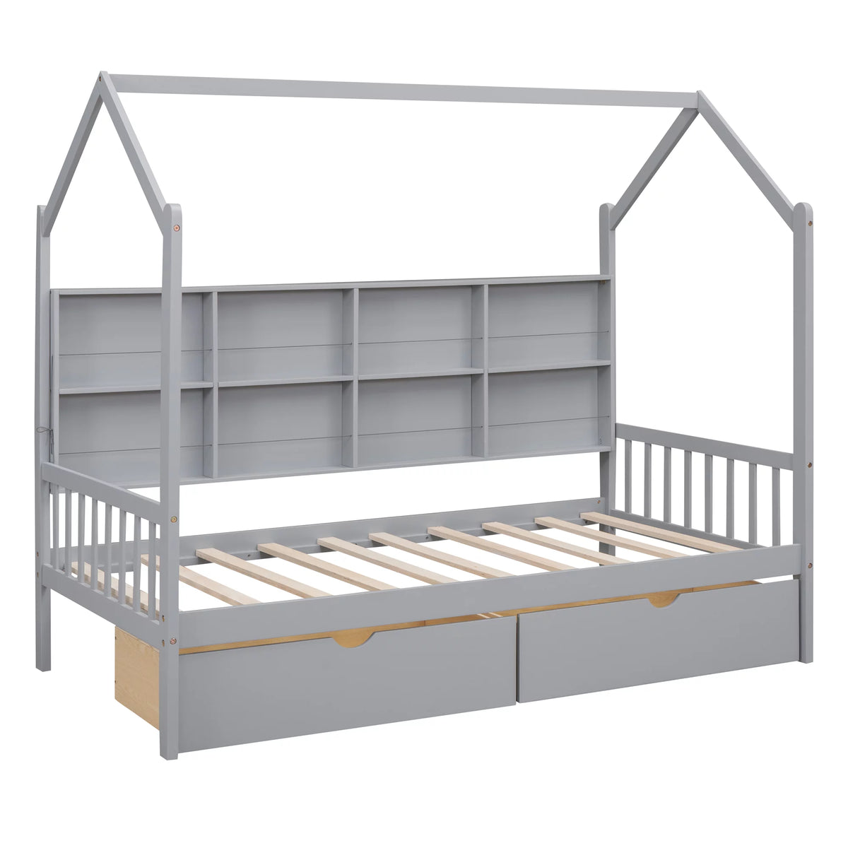 Wooden Twin Size House Bed with 2 Drawers and Storage Shelf J278764