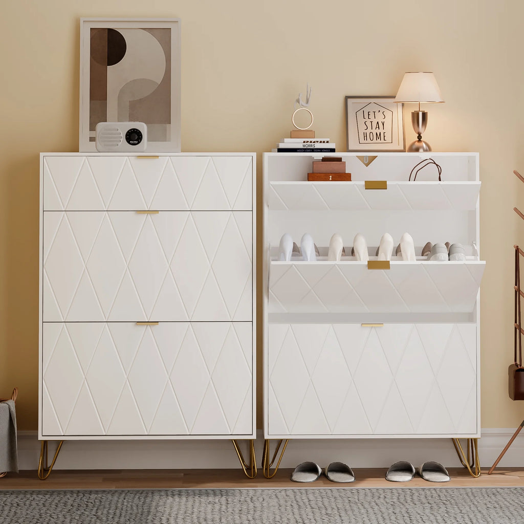 White Slim Shoe Cabinet Flip Down Drawers Q358167