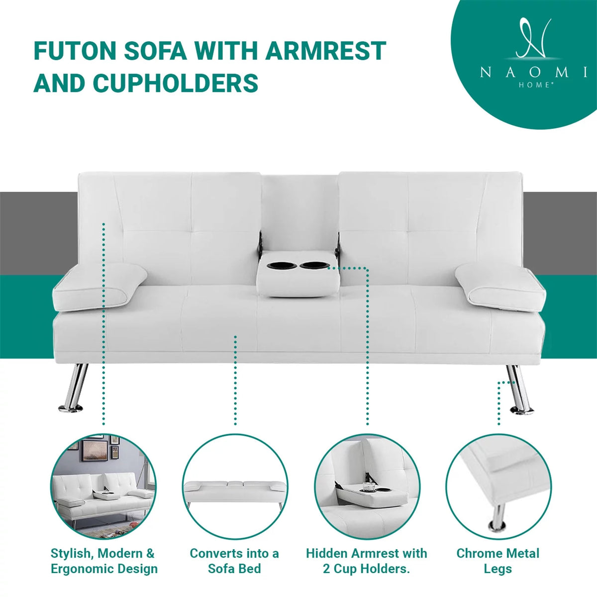 Espresso Futon Sofa with Armrest and Cupholders B6844