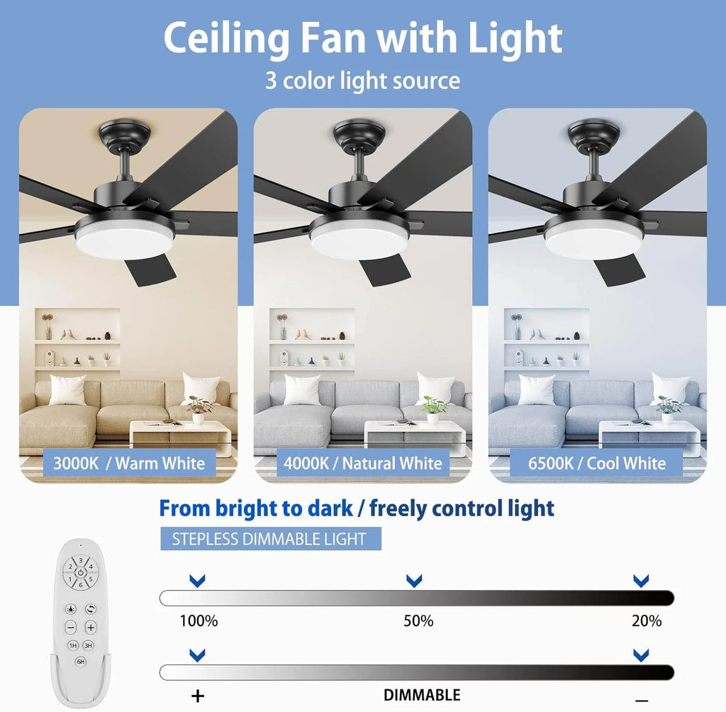 52 Inch White Dimmable Ceiling Fan with Light Y604