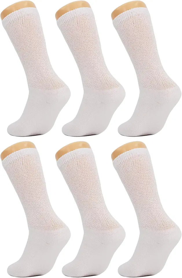 White Diabetic Crew Socks with Non Binding Top 6 Pairs C22093