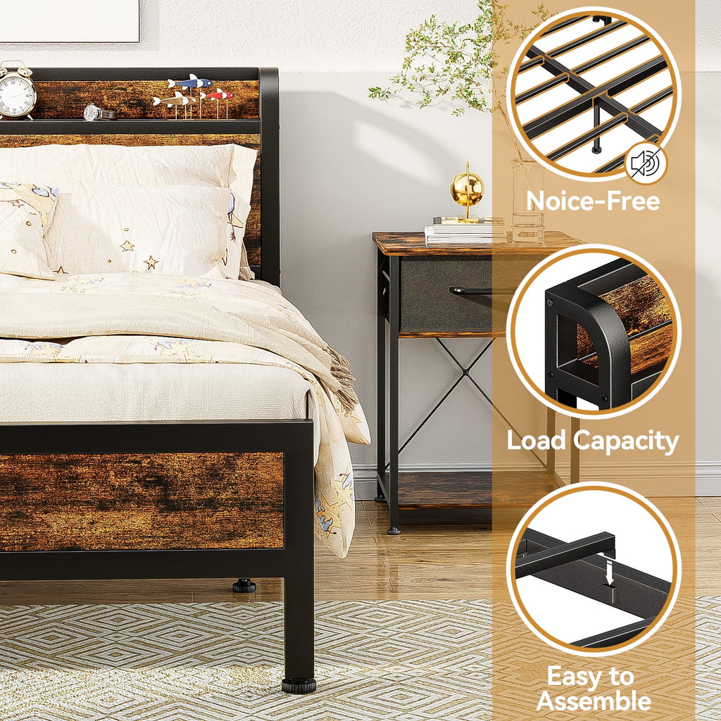 Queen Size Metal Platform Bed Frame with Storage Headboard J2372