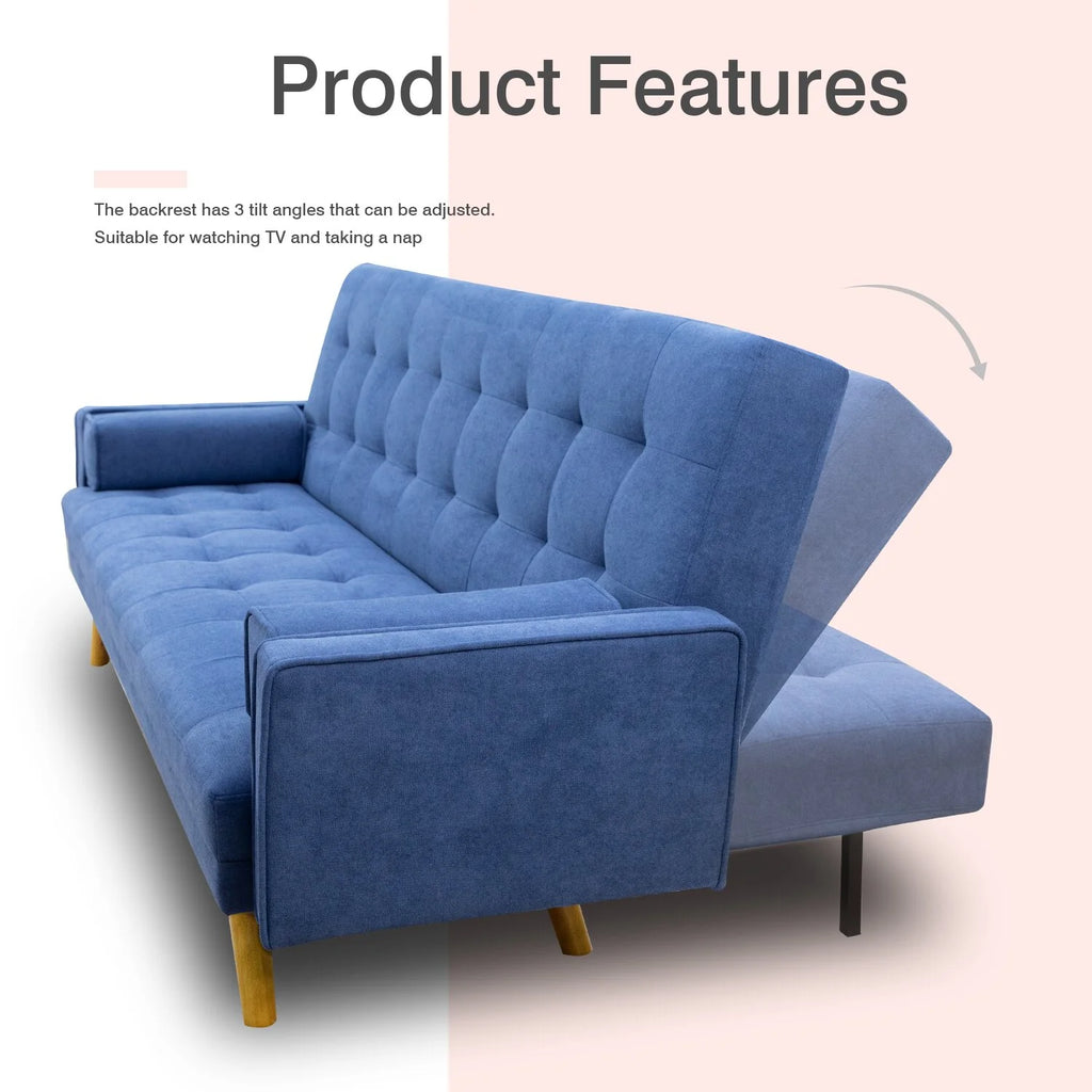 Blue Linen Fabric Futon Sofa Bed with Pillows H381534