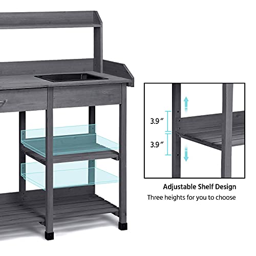 Natural Wood Potting Bench with Sink Drawer Rack Shelves E536745