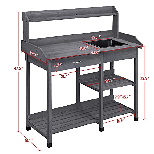 Natural Wood Potting Bench with Sink Drawer Rack Shelves E536745