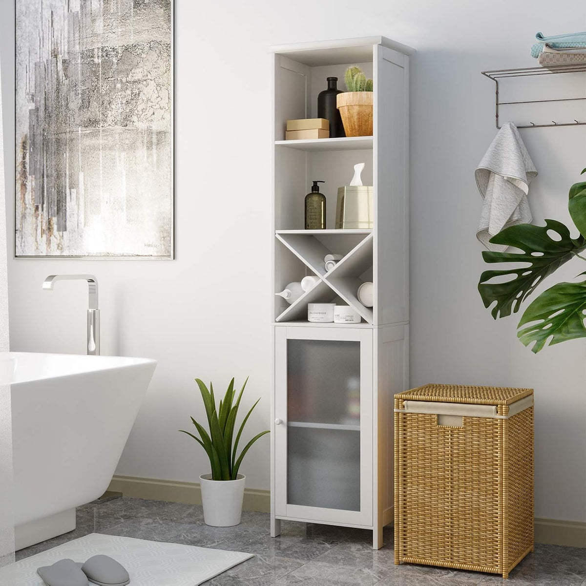 White Tall Bathroom Storage Cabinet with 3 Tier Shelves T8273