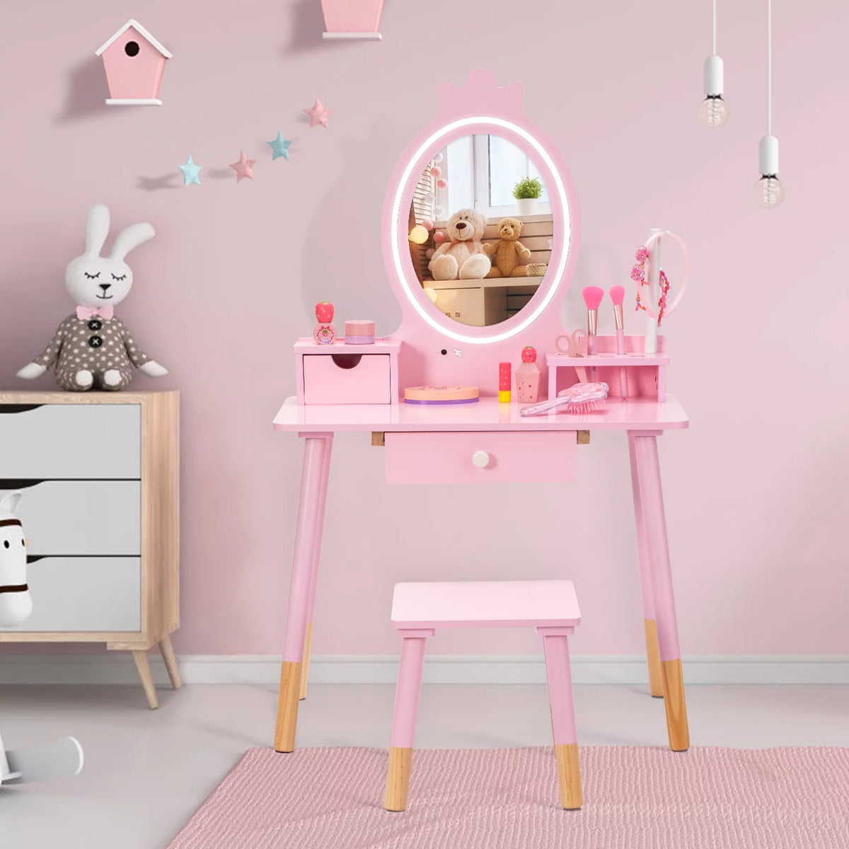 Kids Vanity Set with Mirror, Lights, Stool and Jewelry Rack Z13904
