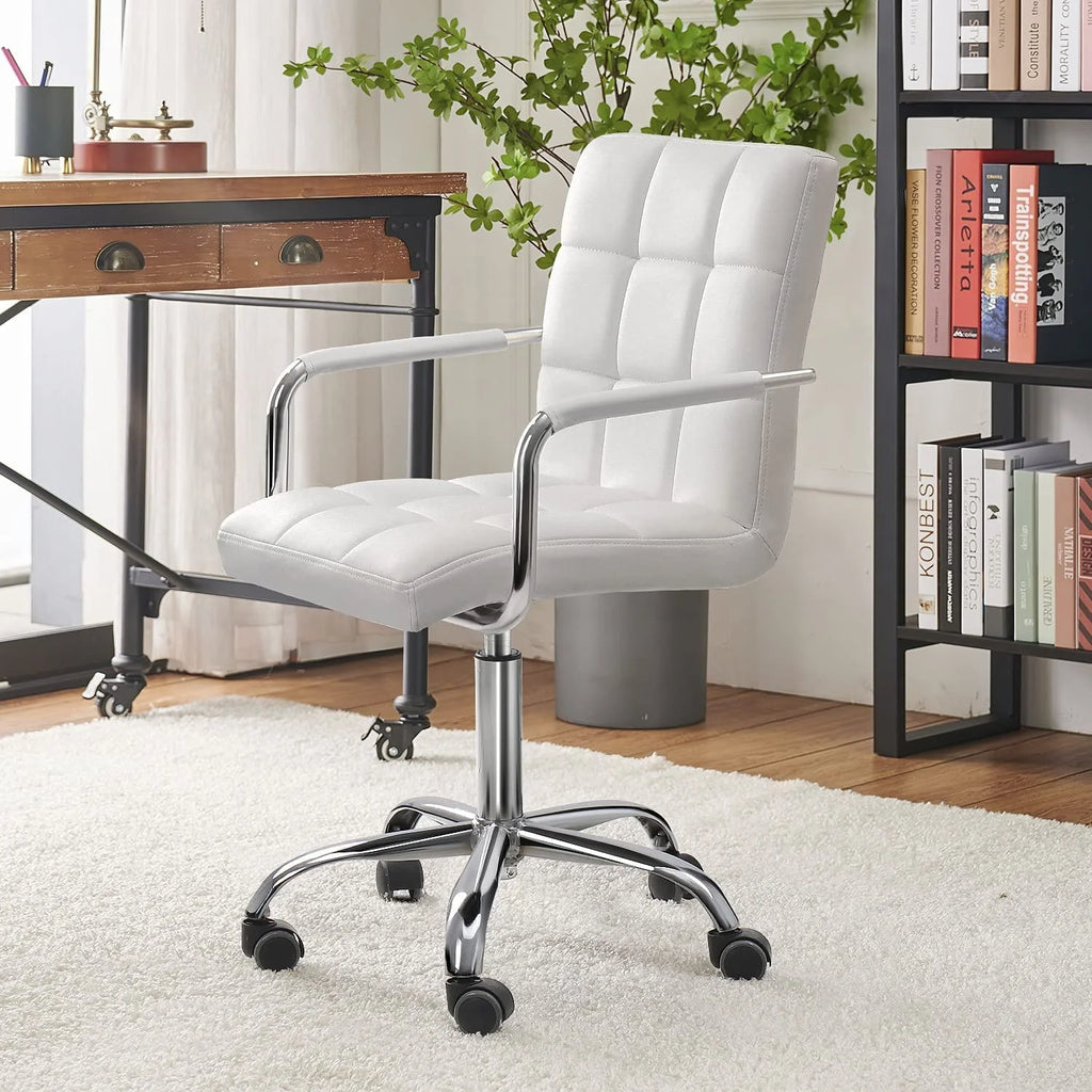 White PU Leather Adjustable Height Office Chair with Armrests G3719
