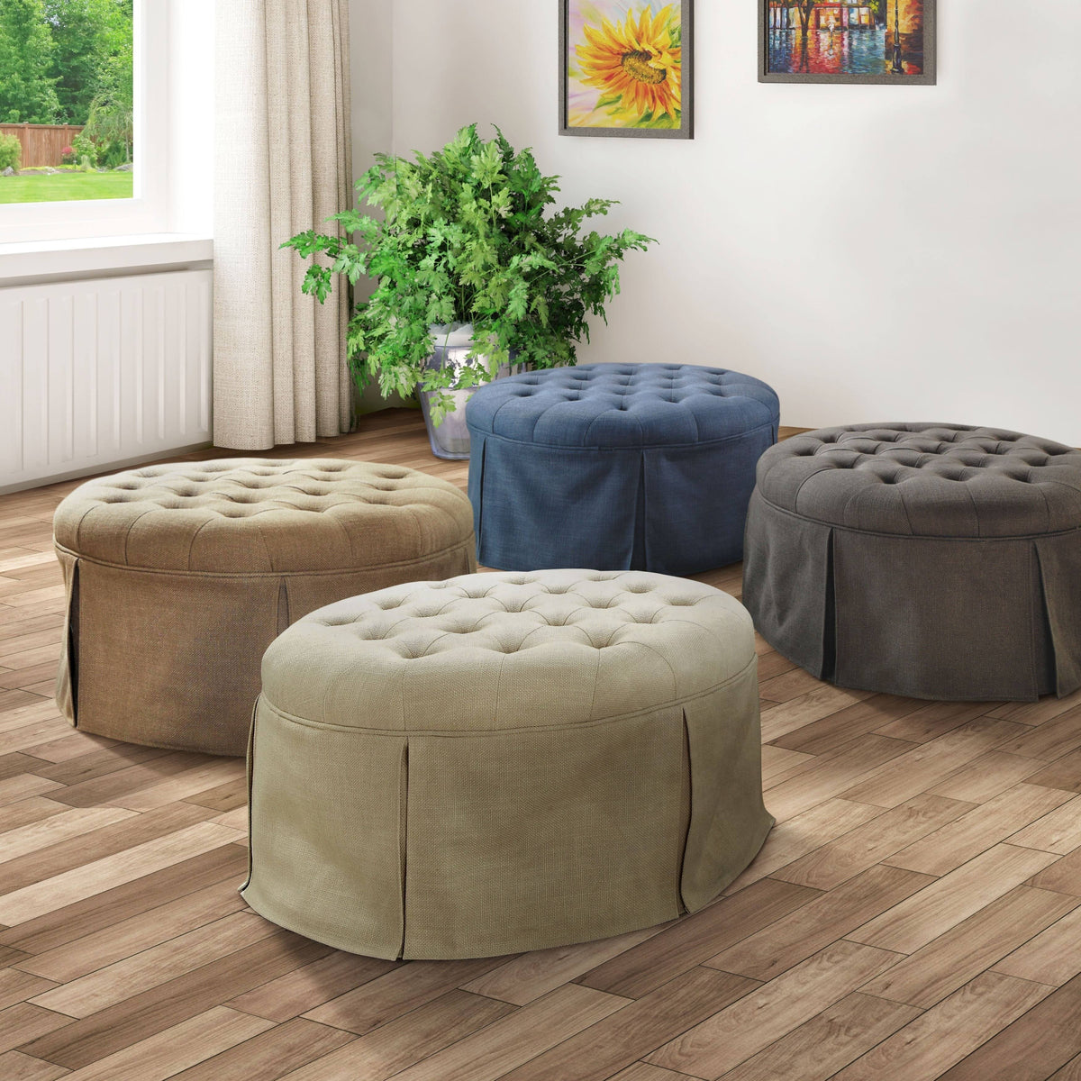 Blue Tufted Round Fabric Ottoman T68829