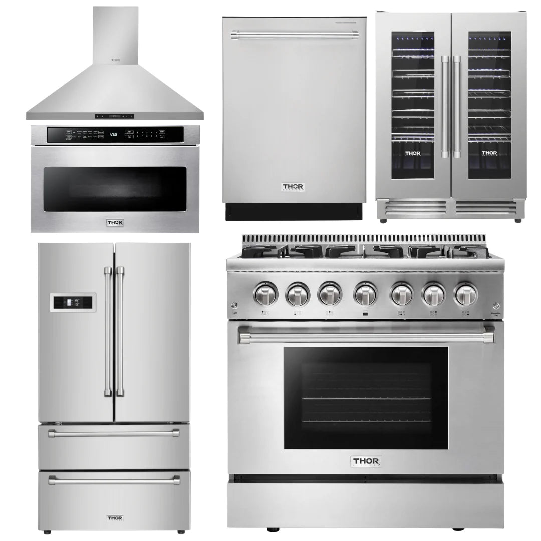 36 in. Propane Gas Burner/Electric Oven Range, Range Hood, Microwave Drawer, Refrigerator, Dishwasher, Wine Cooler R401541