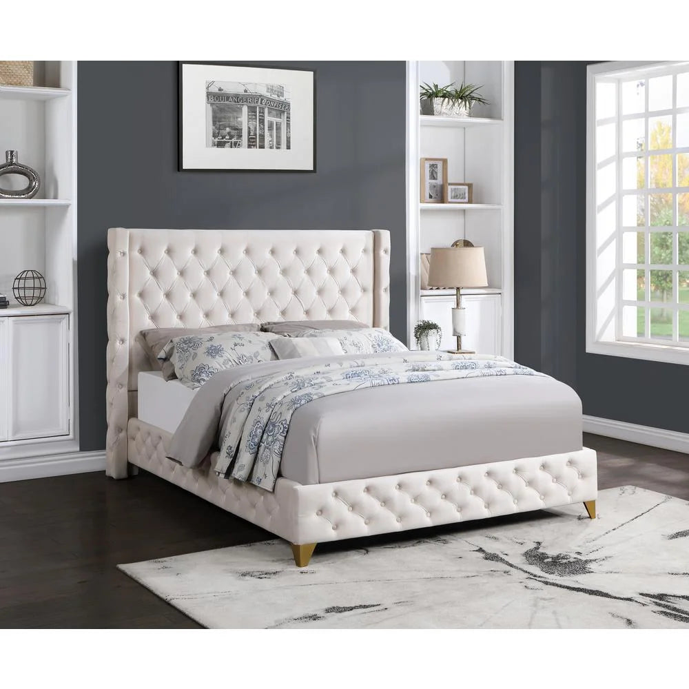 86" King Platform Bed with Cream Velvet Upholstery T715865