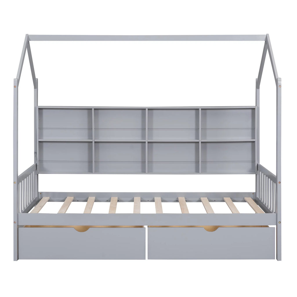 Wooden Twin Size House Bed with 2 Drawers and Storage Shelf J278764