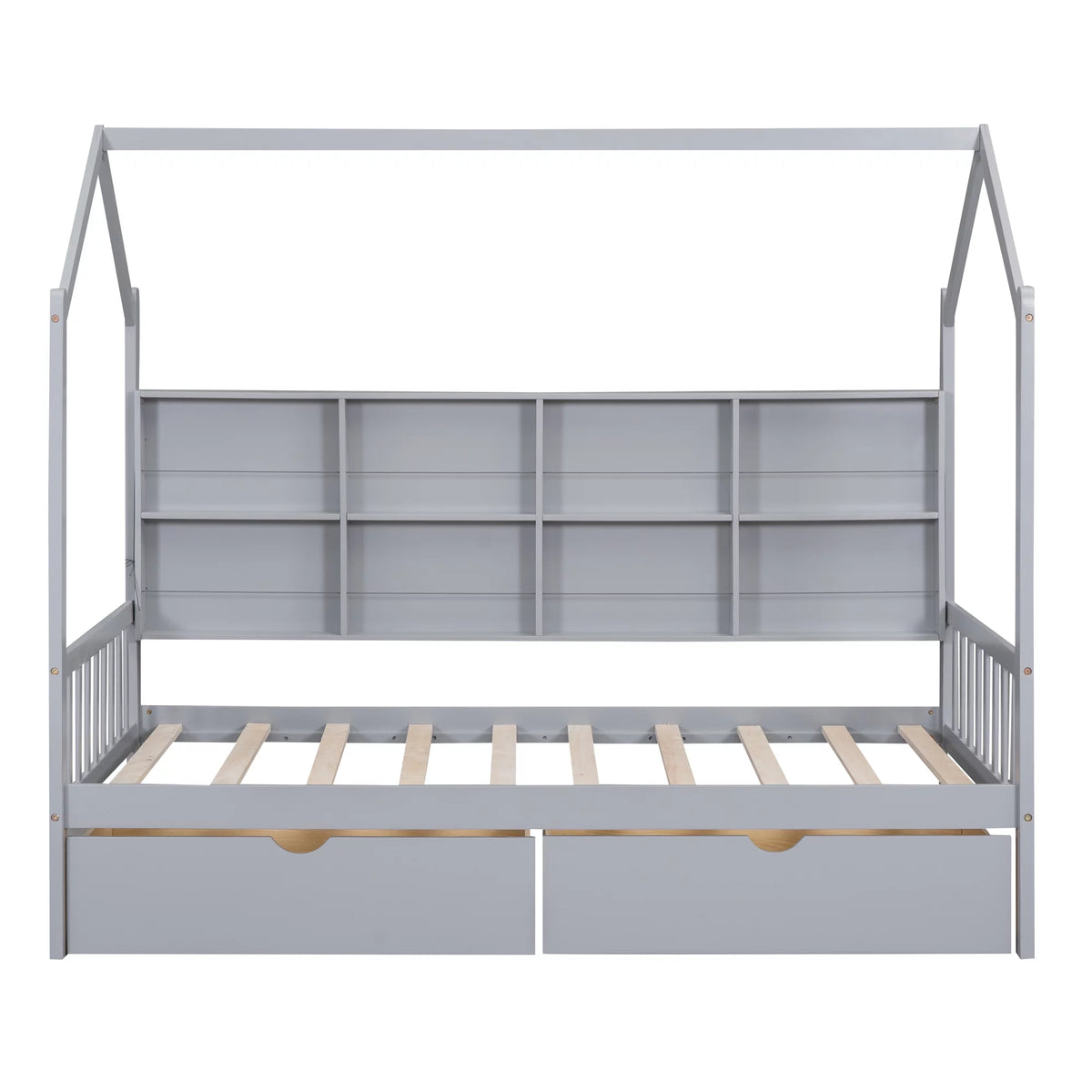 Wooden Twin Size House Bed with 2 Drawers and Storage Shelf J278764