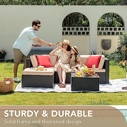 5 Pieces All Weather Wicker Rattan Patio Sofa Set with Cushion and Glass Table D98615