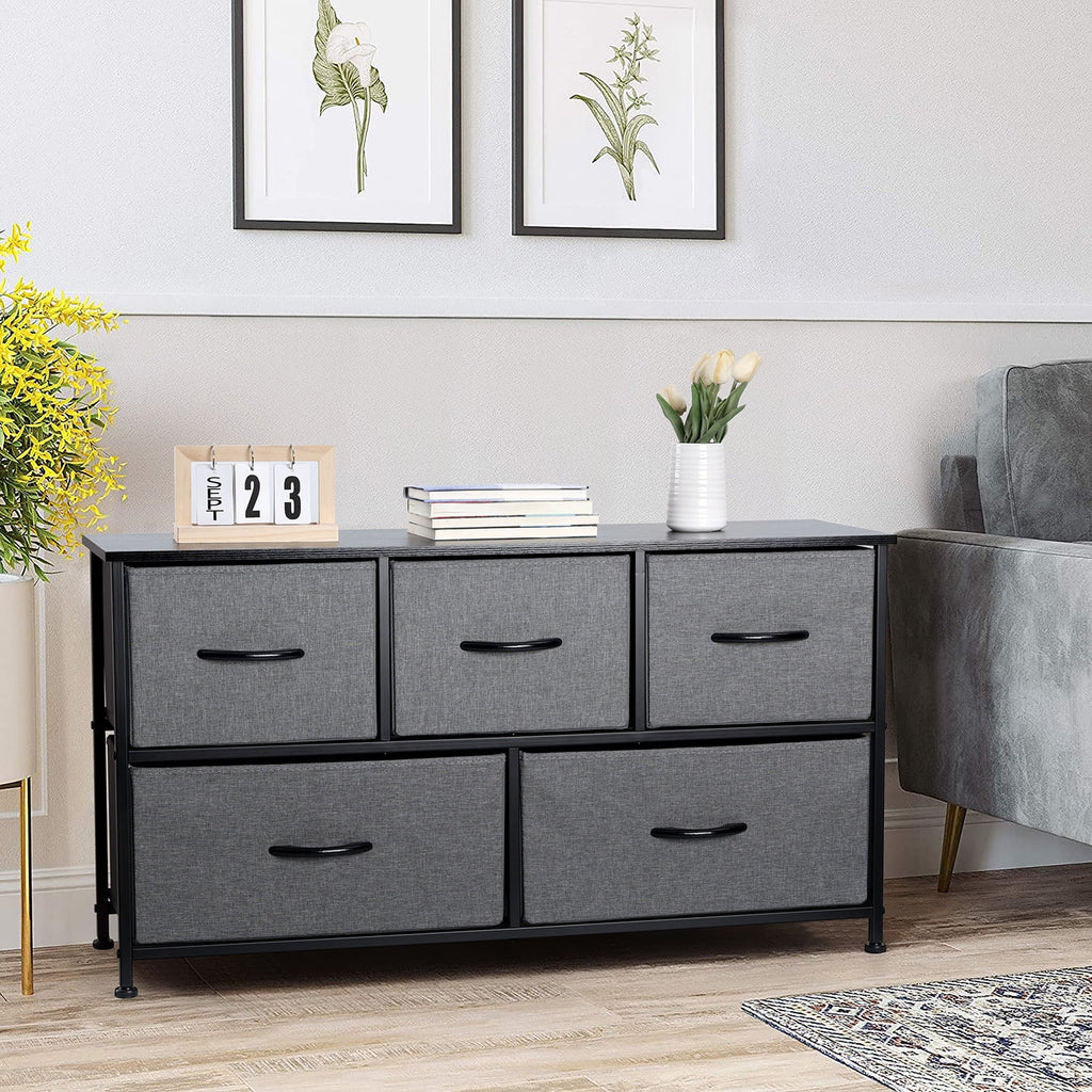 5 Drawer Fabric Dresser with Wood Top M8548