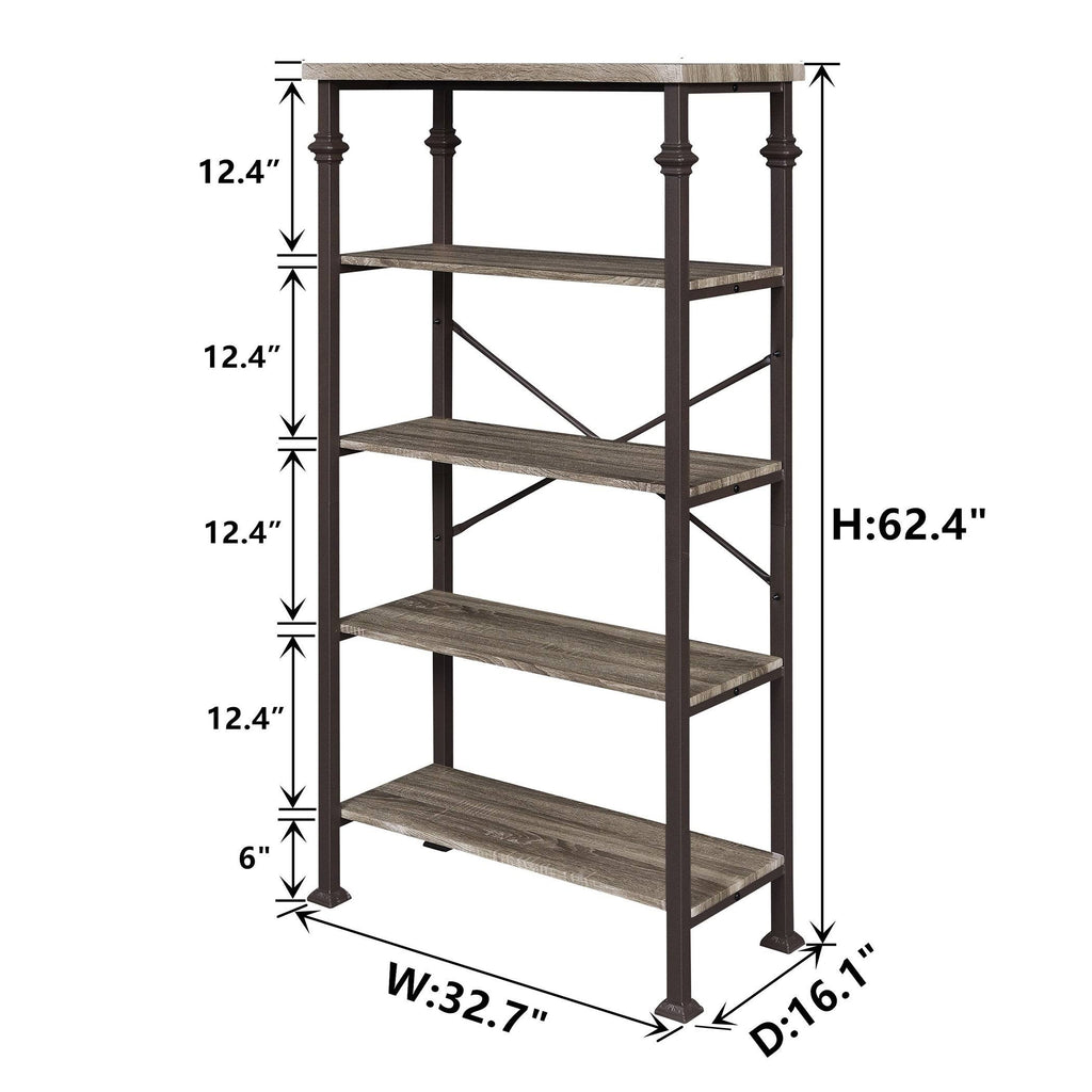 5-Tier Grey Oak Metal Bookshelf F350
