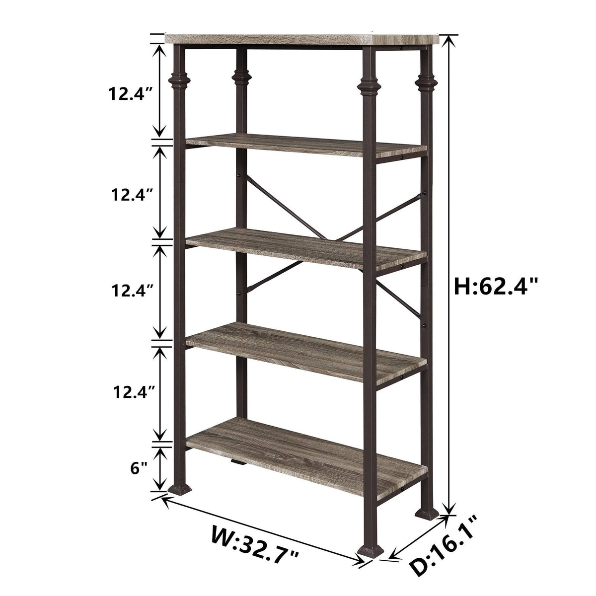 5-Tier Grey Oak Metal Bookshelf F350