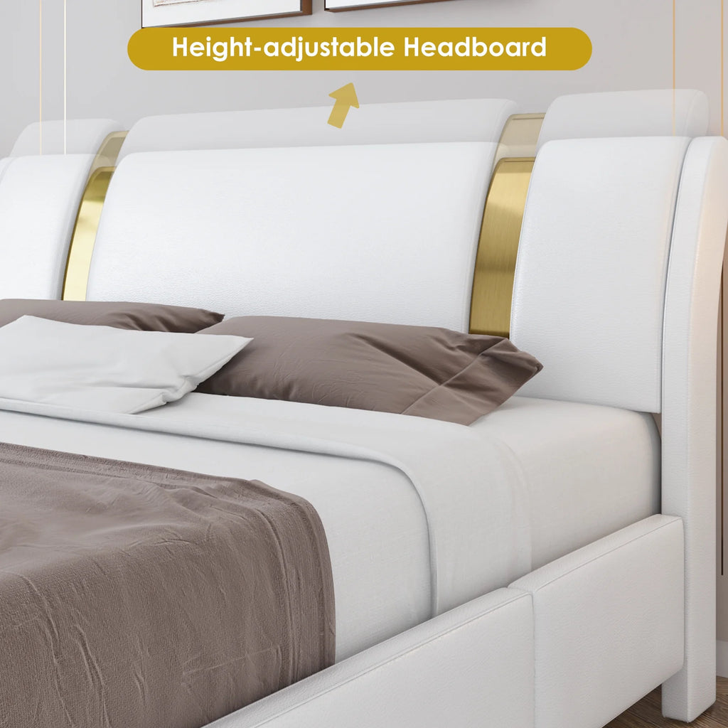 Full Size Leather Upholstered Platform Bed Frame with White Headboard D2334