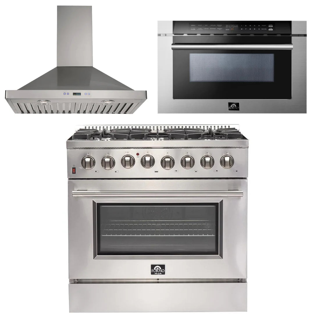 36 Inch Dual Fuel Range, Wall Mount Range Hood, Microwave Drawer I734304