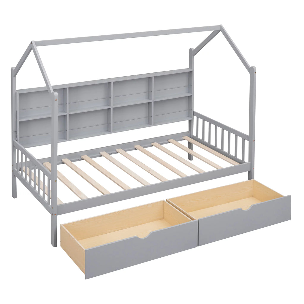Wooden Twin Size House Bed with 2 Drawers and Storage Shelf J278764