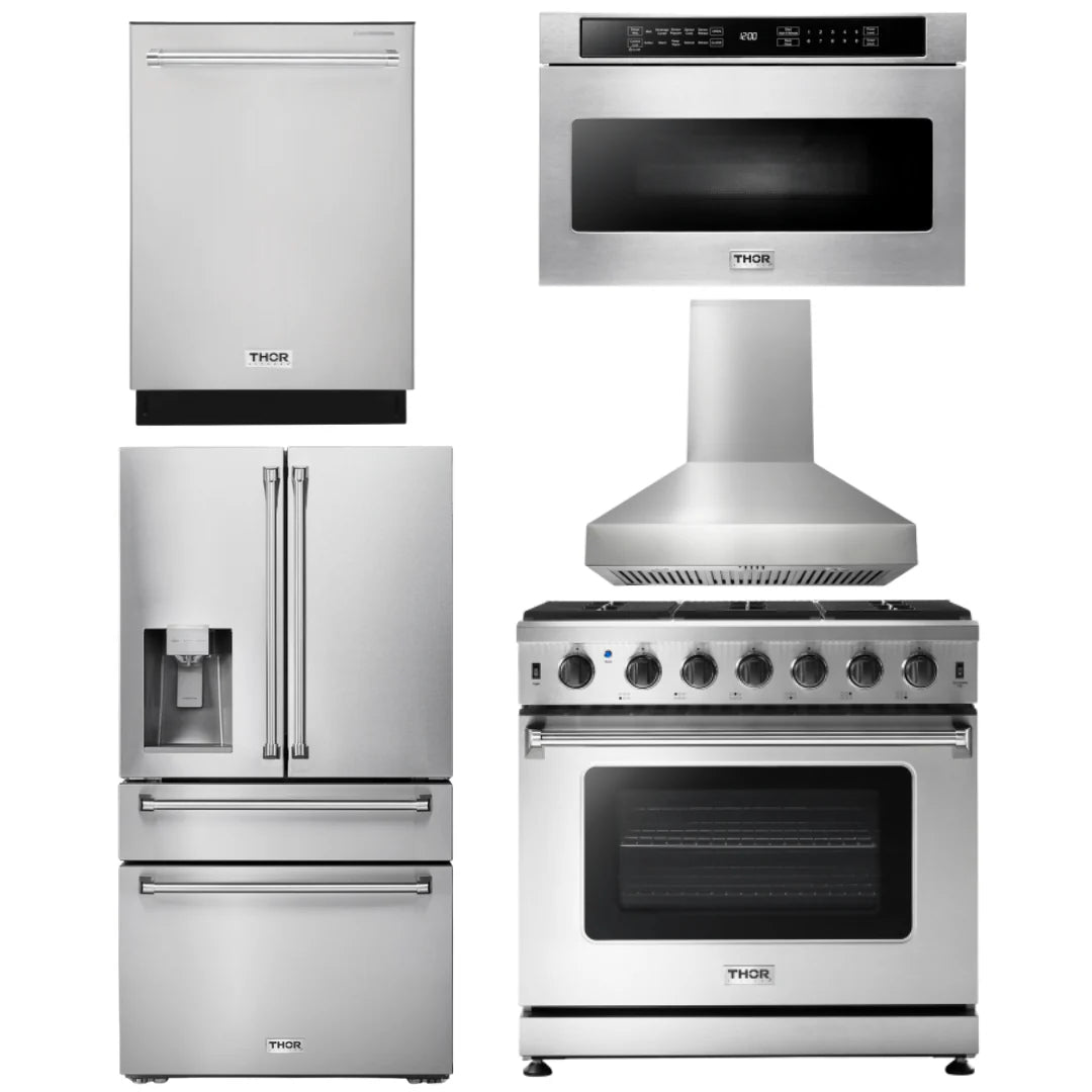 36 Inch Propane Gas Range, Range Hood, Microwave, Refrigerator, Dishwasher S40671