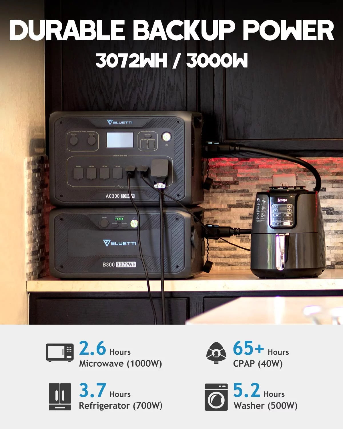 3072Wh Expansion Battery Power Station with 3 200W Solar Panels H8598