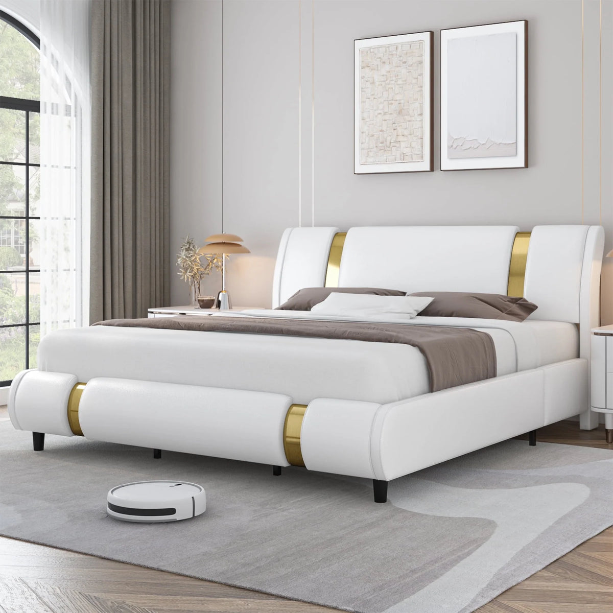 Full Size Leather Upholstered Platform Bed Frame with White Headboard D2334