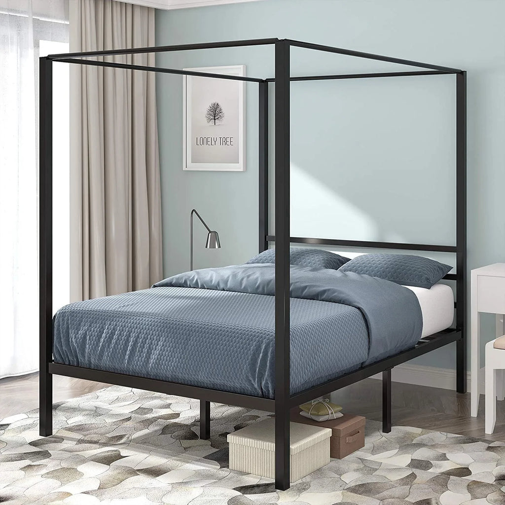 Queen Size Black Metal Canopy Bed Frame with Headboard W1371