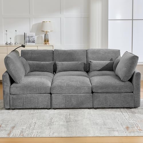 6 Seater Reversible Modular Sectional Sofa Sleeper Couch Bed Chenille Upholstered with USB Ports M557