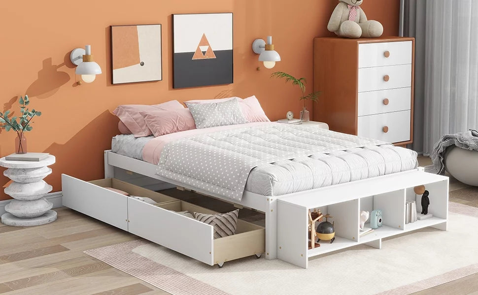 White Full Size Platform Bed with Storage Shelves and Drawer I95274