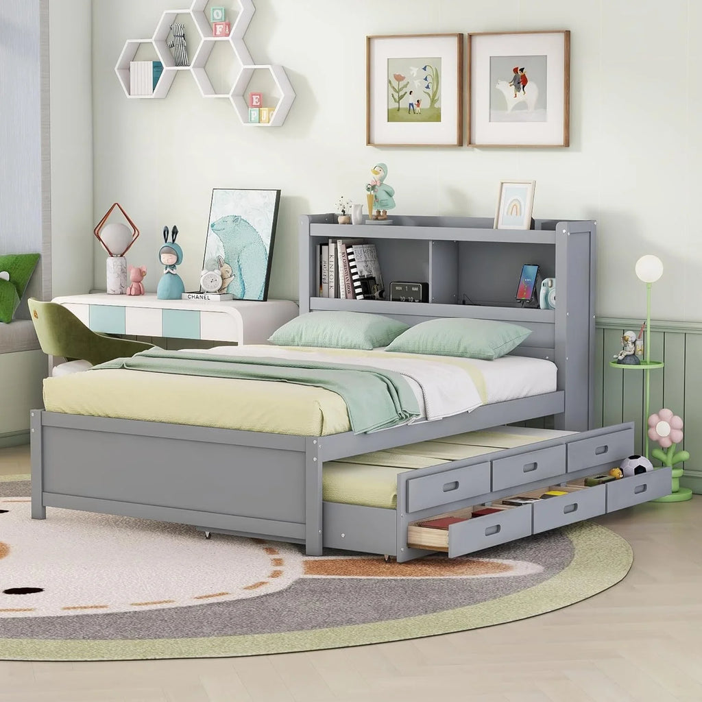 Full Size Wood Platform Bed with Trundle and Storage Drawers C8090