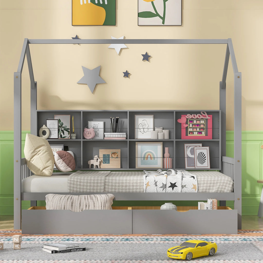 Wooden Twin Size House Bed with 2 Drawers and Storage Shelf J278764