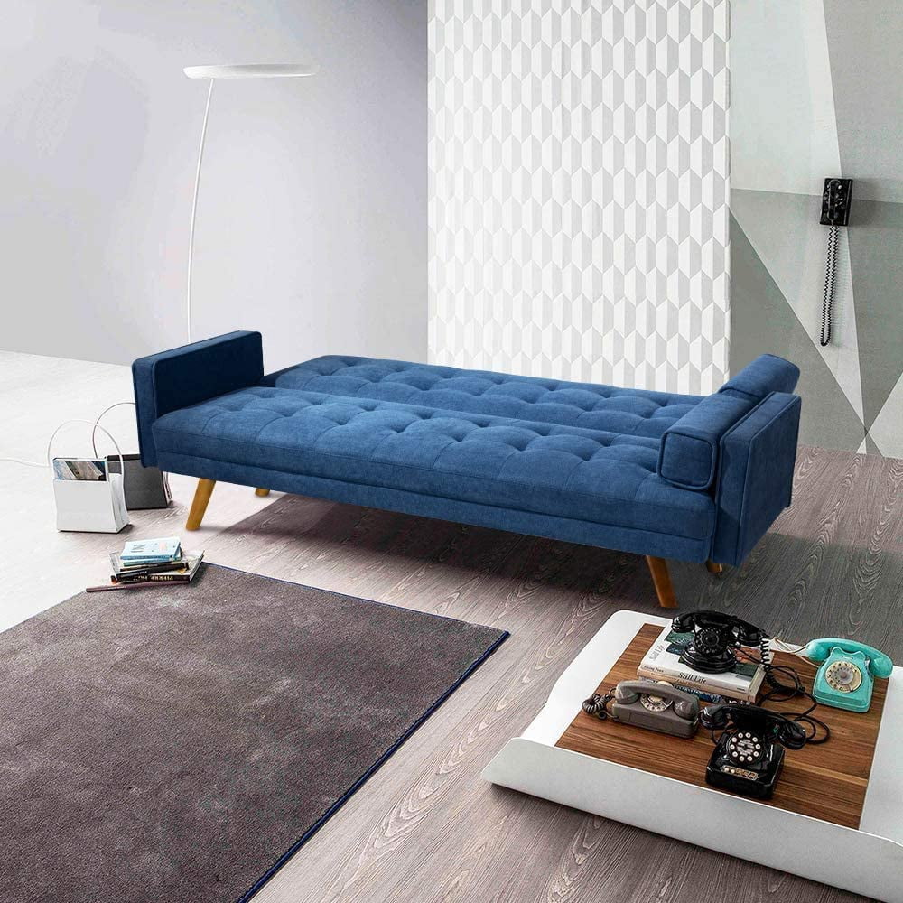 Blue Linen Fabric Futon Sofa Bed with Pillows H381534