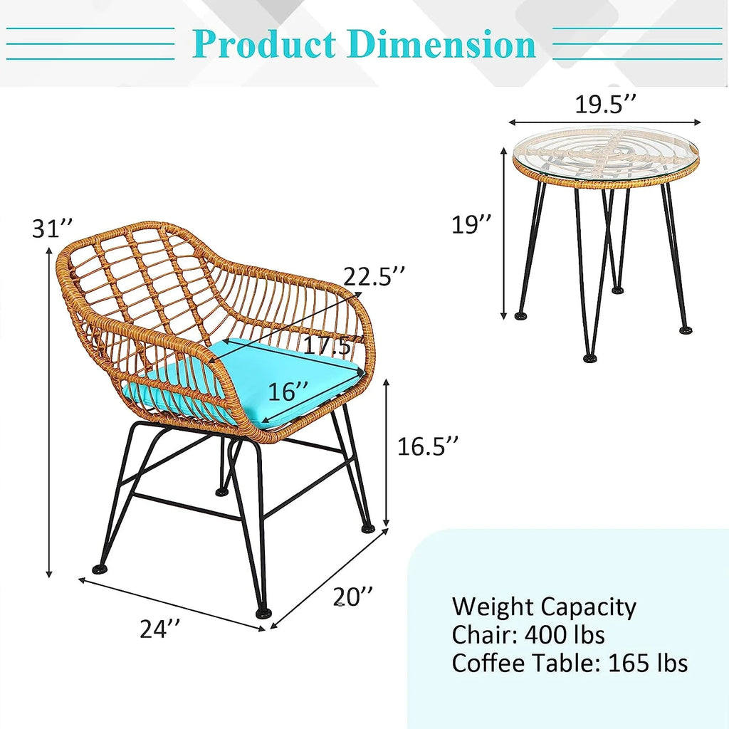3 Pieces Rattan Patio Bistro Set with Glass Coffee Table J549358