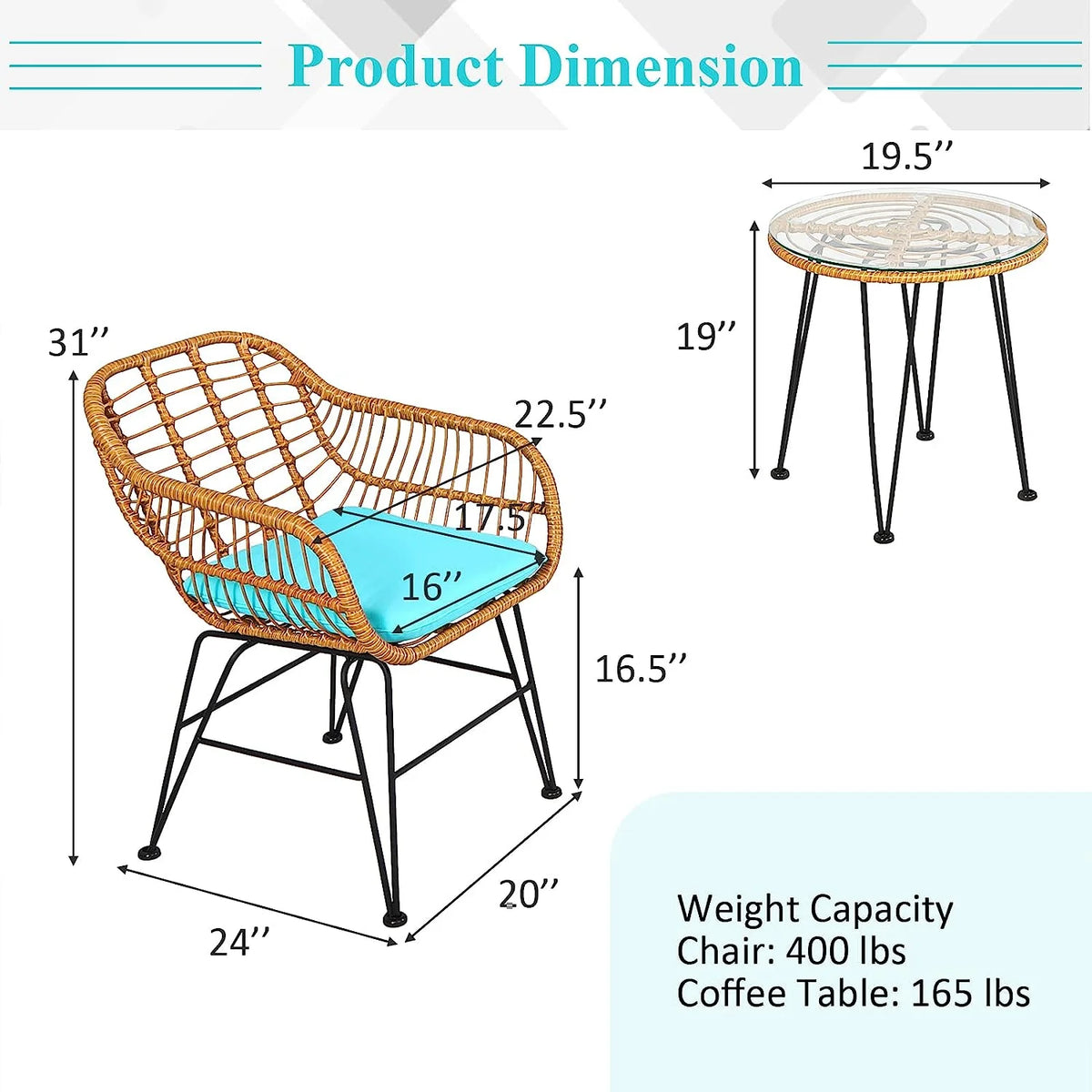 3 Pieces Rattan Patio Bistro Set with Glass Coffee Table J549358