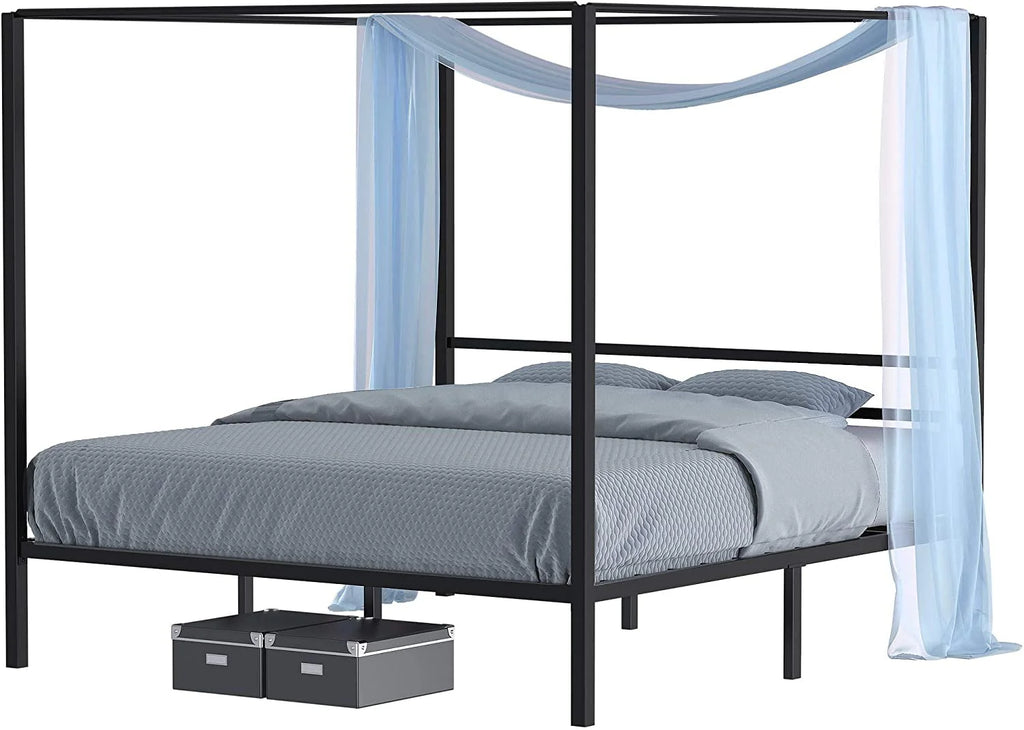 Queen Size Black Metal Canopy Bed Frame with Headboard W1371
