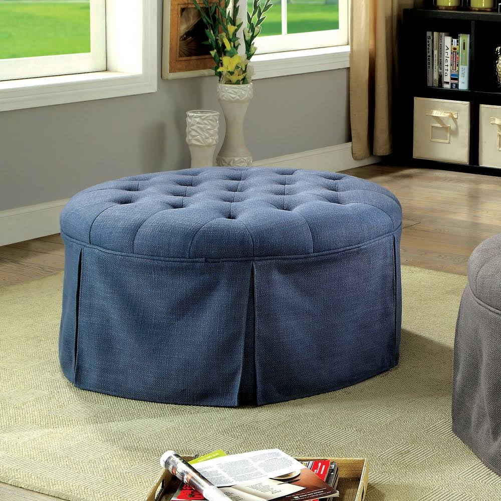 Blue Tufted Round Fabric Ottoman T68829
