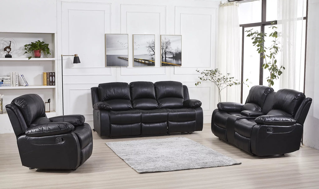 Black Bonded Leather Reclining Sofa 3 Piece Set E312