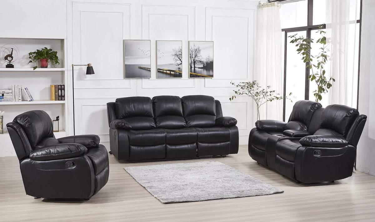 Black Bonded Leather Reclining Sofa 3 Piece Set E312