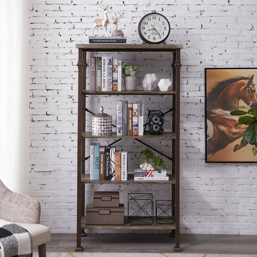 5-Tier Grey Oak Metal Bookshelf F350